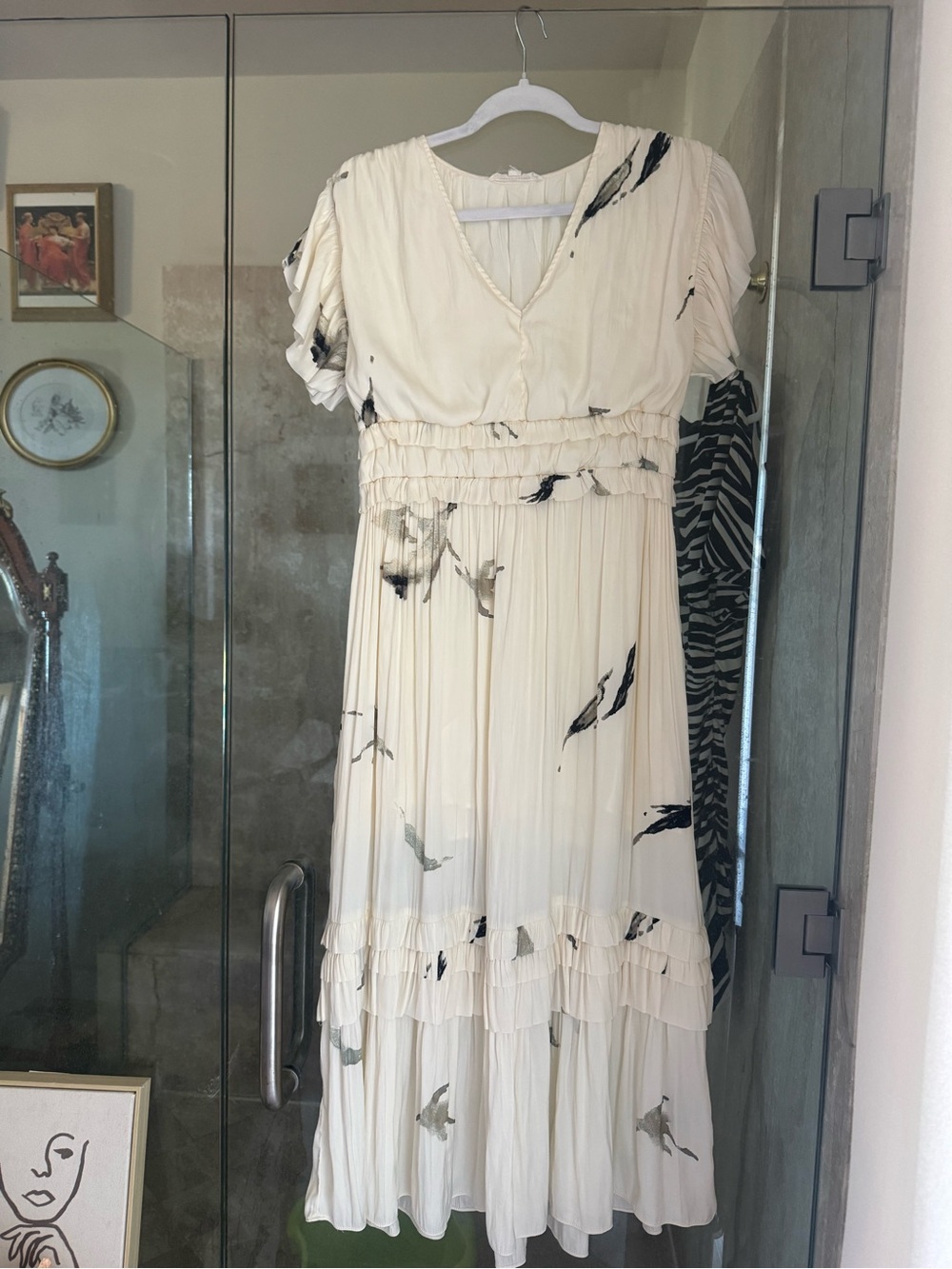 Grade cather Ivory Midi Dress with Black Feather Motif